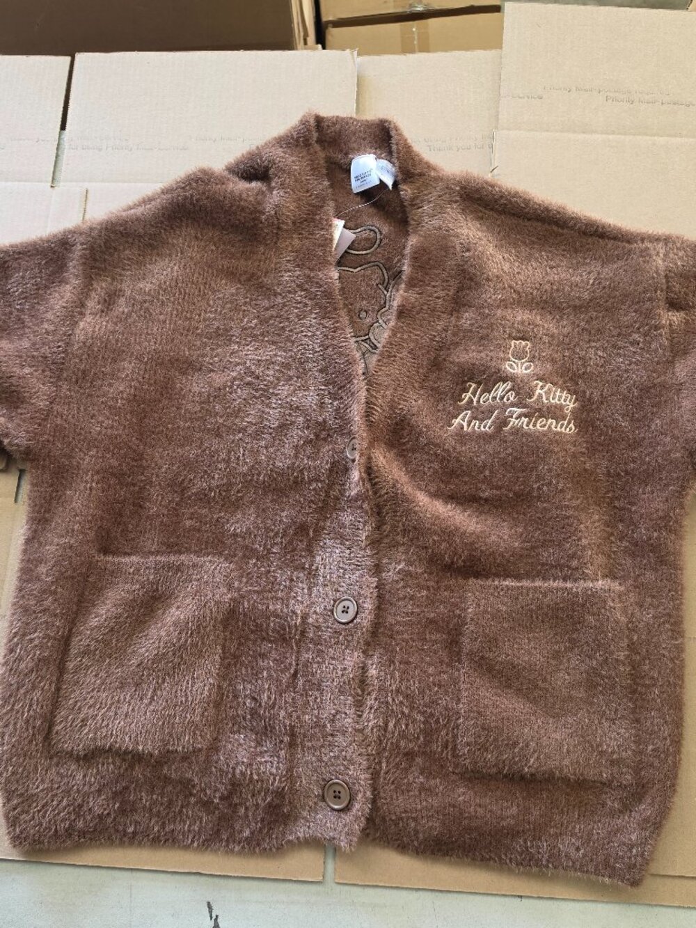 NWT Hello Kitty & Friends Sanrio Womens Graphic Cardigan Brown Sweater with Bows